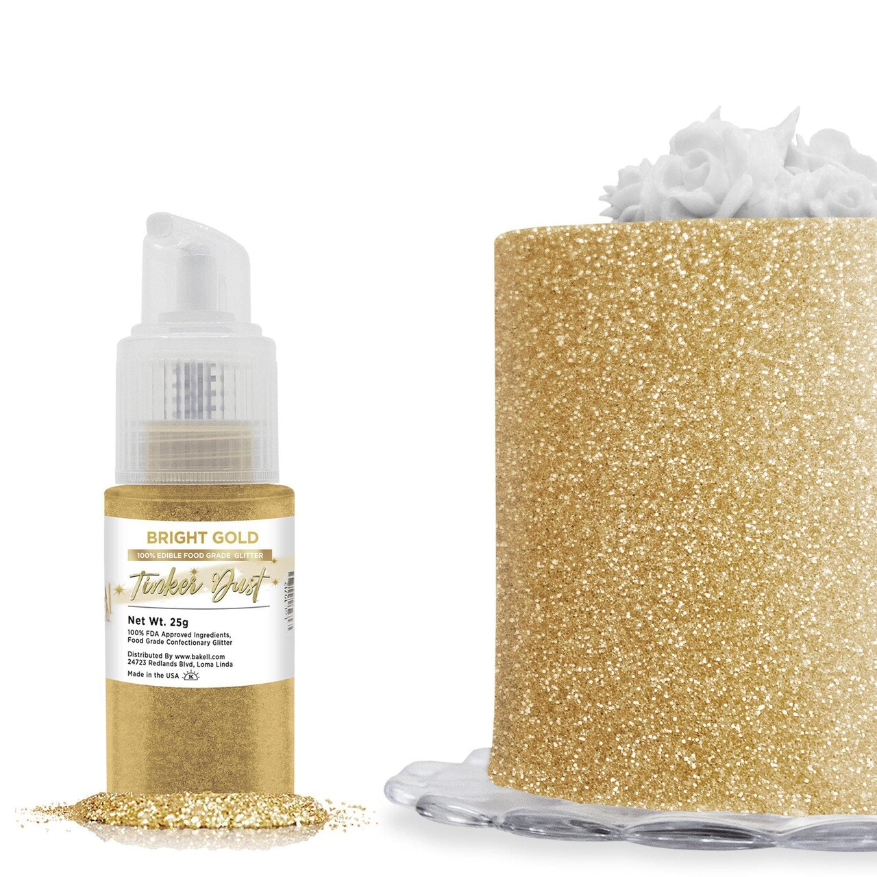 Bakell - Bright Gold Tinker Dust Edible Glitter (25g, 1x Spray Pump) for Food, Desserts, and Beverages!